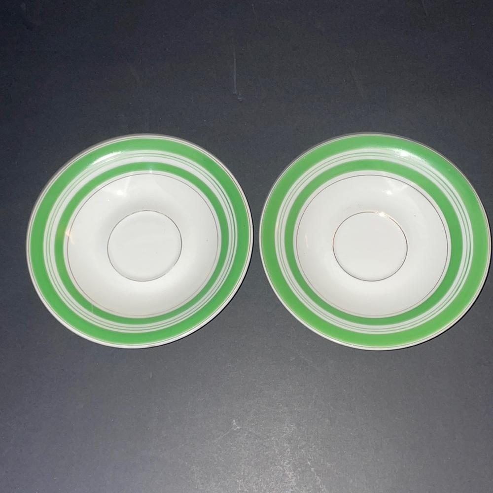 2 Gibsonware Japan Saucer Green Bands Gold Vintage Dinnerware No Cup